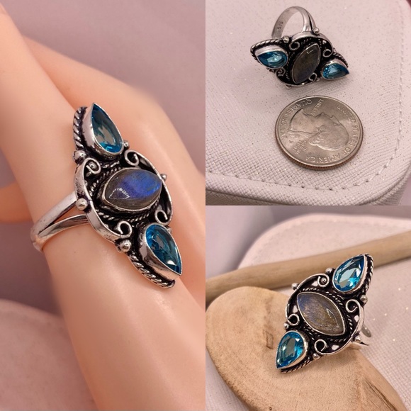 Blue Topaz & Labradorite Gemstone Handmade Shield Armor Ring - Picture 3 of 9
